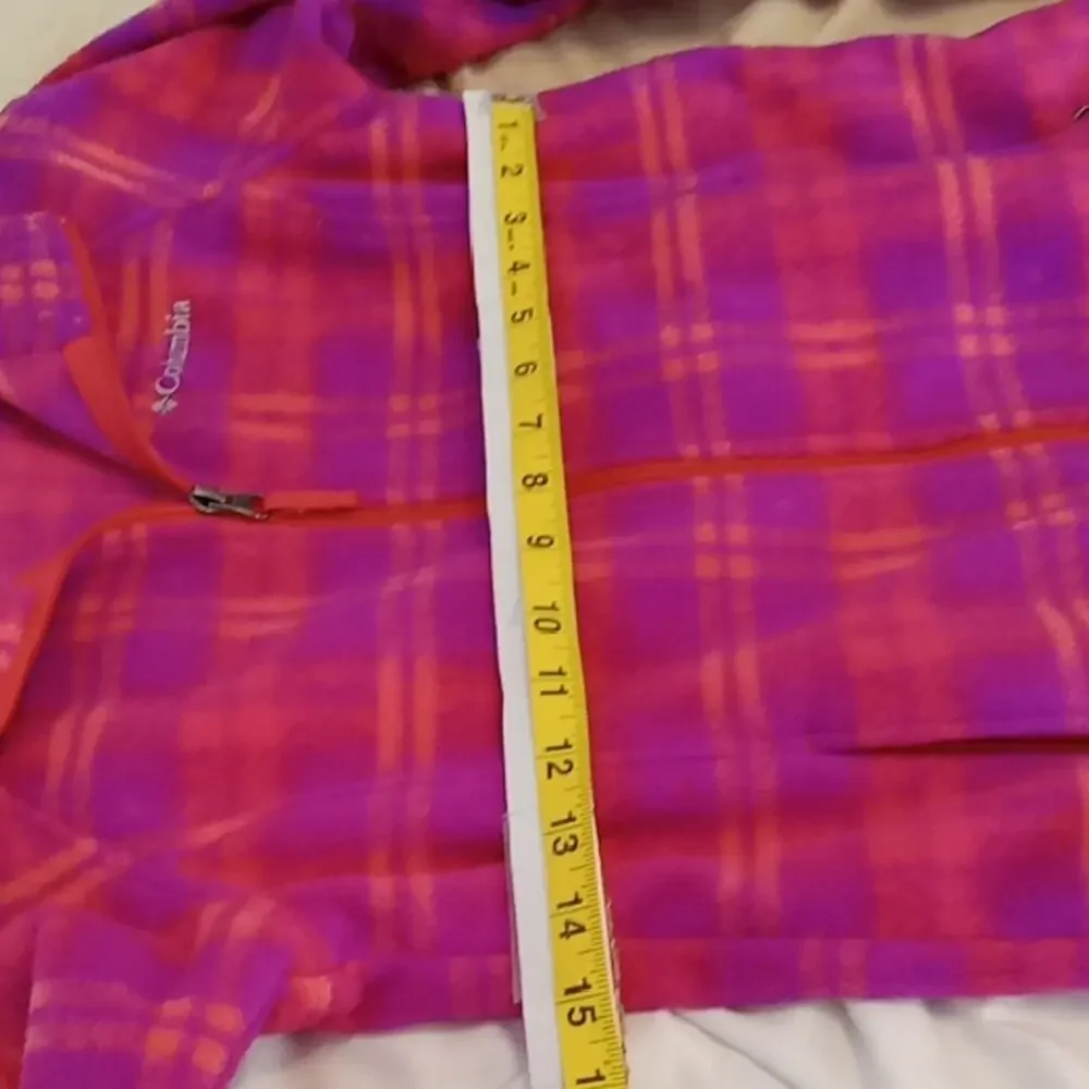 Columbia Girls Size Medium Pink and Orange Plaid Fleece Jacket. Athleisure, War
